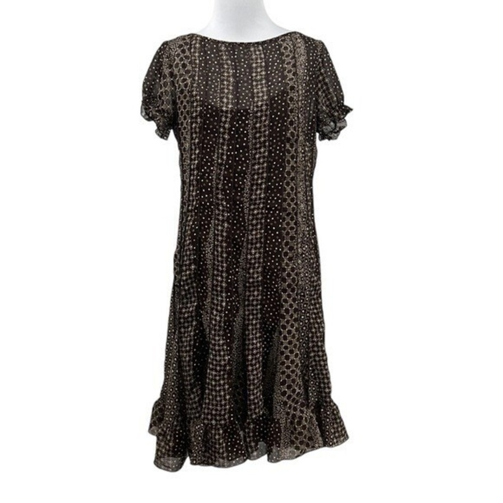 Sandra Darren Dress Women 6P Brown Cream Batik Ruffled Hem Mini Short Sleeve y2k